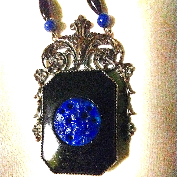 VINTAGE 1920'S TURQUOISE & ONYX  VINTAGE SILVER METAL NECKLACE, CARVED GLASS. - Picture 1 of 7